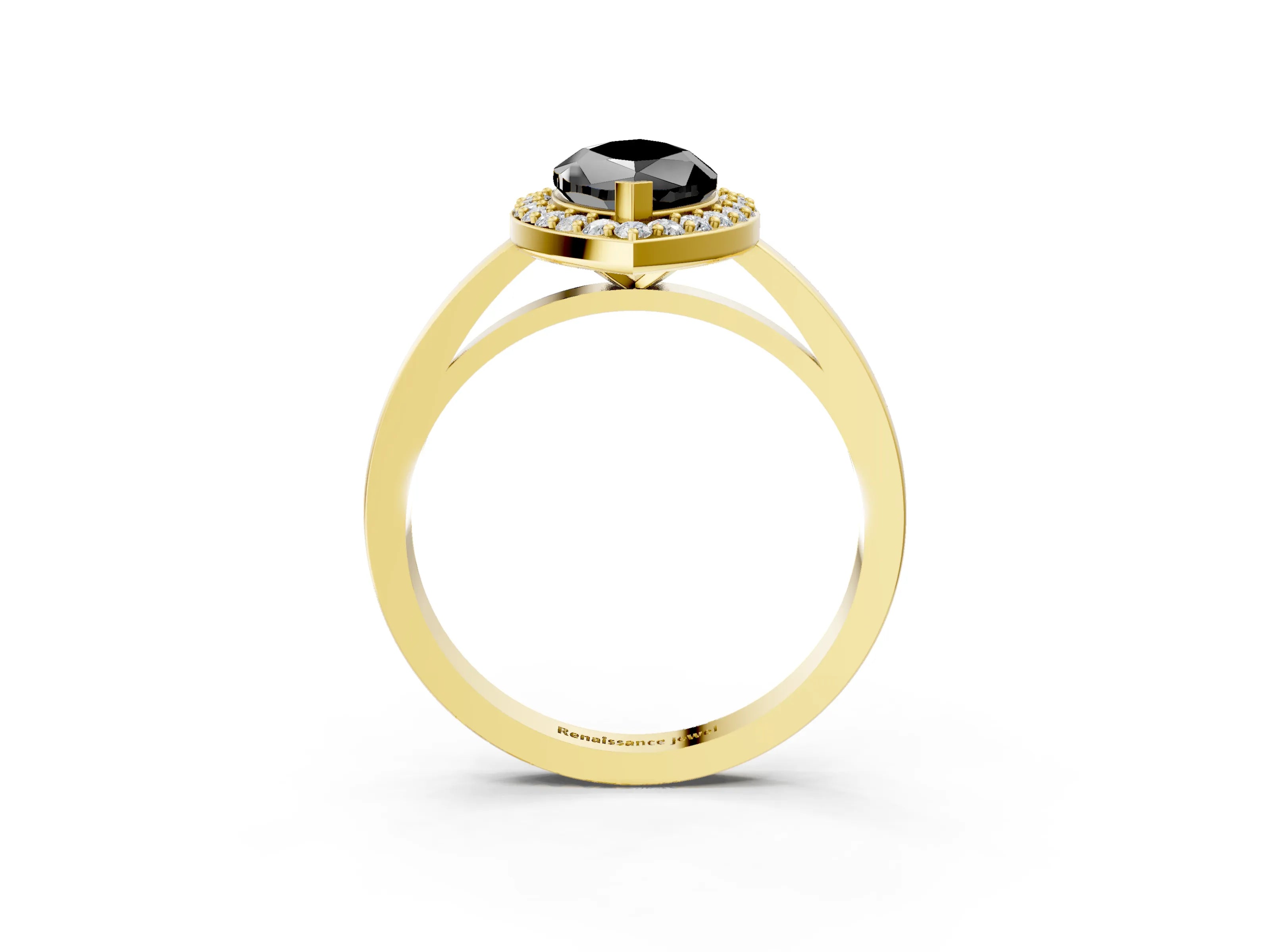 Yellow gold Fancy Black Marquise Cut Halo Diamond Ring with Solitaire Band and Prong Setting_3