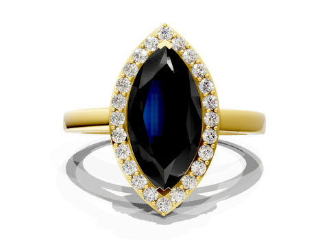 Yellow gold Fancy Black Marquise Cut Halo Diamond Ring with Solitaire Band and Prong Setting