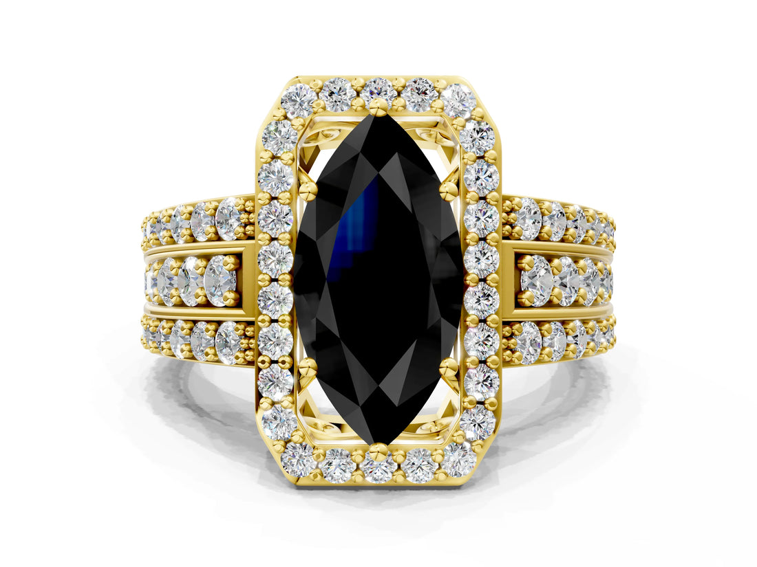 Yellow gold Fancy Black Marquise Cut Halo Diamond Ring with Split Shank and Four-Prong Setting