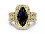 Yellow gold Fancy Black Marquise Cut Halo Diamond Ring with Split Shank and Four-Prong Setting