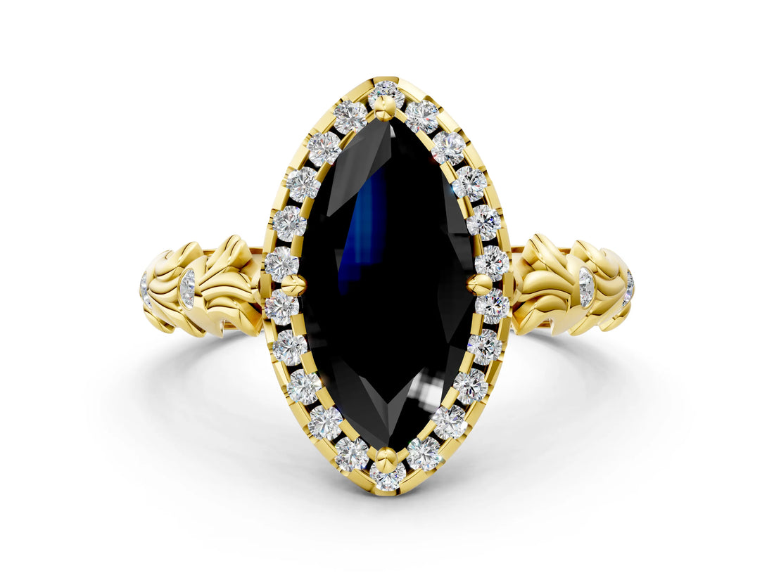 Yellow gold Fancy Black Marquise Cut Halo Diamond Solitaire with Filigree Band and Four-Prong Setting