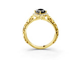 Yellow gold Fancy Black Marquise Cut Halo Diamond Solitaire with Filigree Band and Four-Prong Setting_3