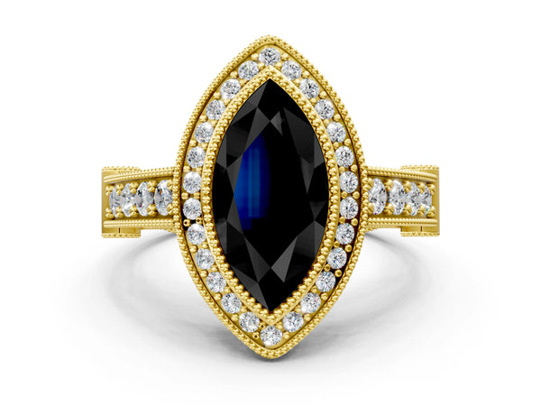 Yellow Gold Marquise Vintage Bezel Halo Engagement Ring Setting for Black Center