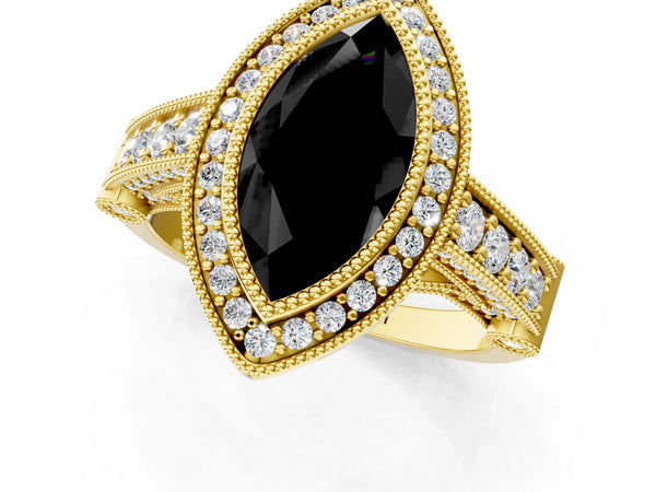 Yellow Gold Marquise Vintage Bezel Halo Engagement Ring Setting for Black Center