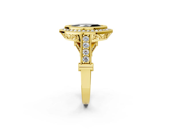 Yellow Gold Marquise Vintage Bezel Halo Engagement Ring Setting for Black Center