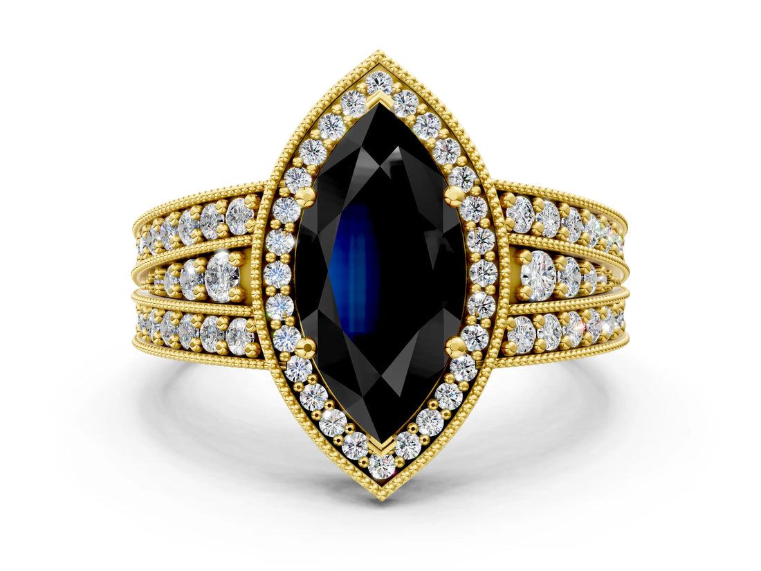 Yellow gold Fancy Black Marquise Cut Halo Diamond Split Shank Ring with Prong Setting