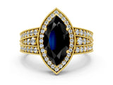 Yellow gold Fancy Black Marquise Cut Halo Diamond Split Shank Ring with Prong Setting