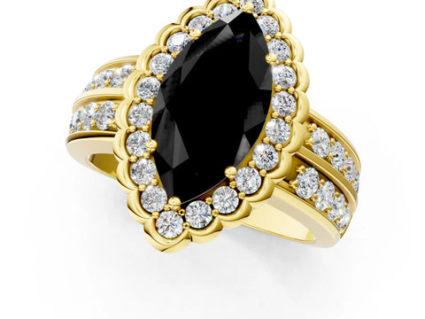Yellow gold Fancy Black Marquise Cut Halo Diamond Split Shank Ring with Scalloped Prong Setting_1