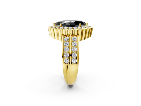 Yellow gold Fancy Black Marquise Cut Halo Diamond Split Shank Ring with Scalloped Prong Setting_2