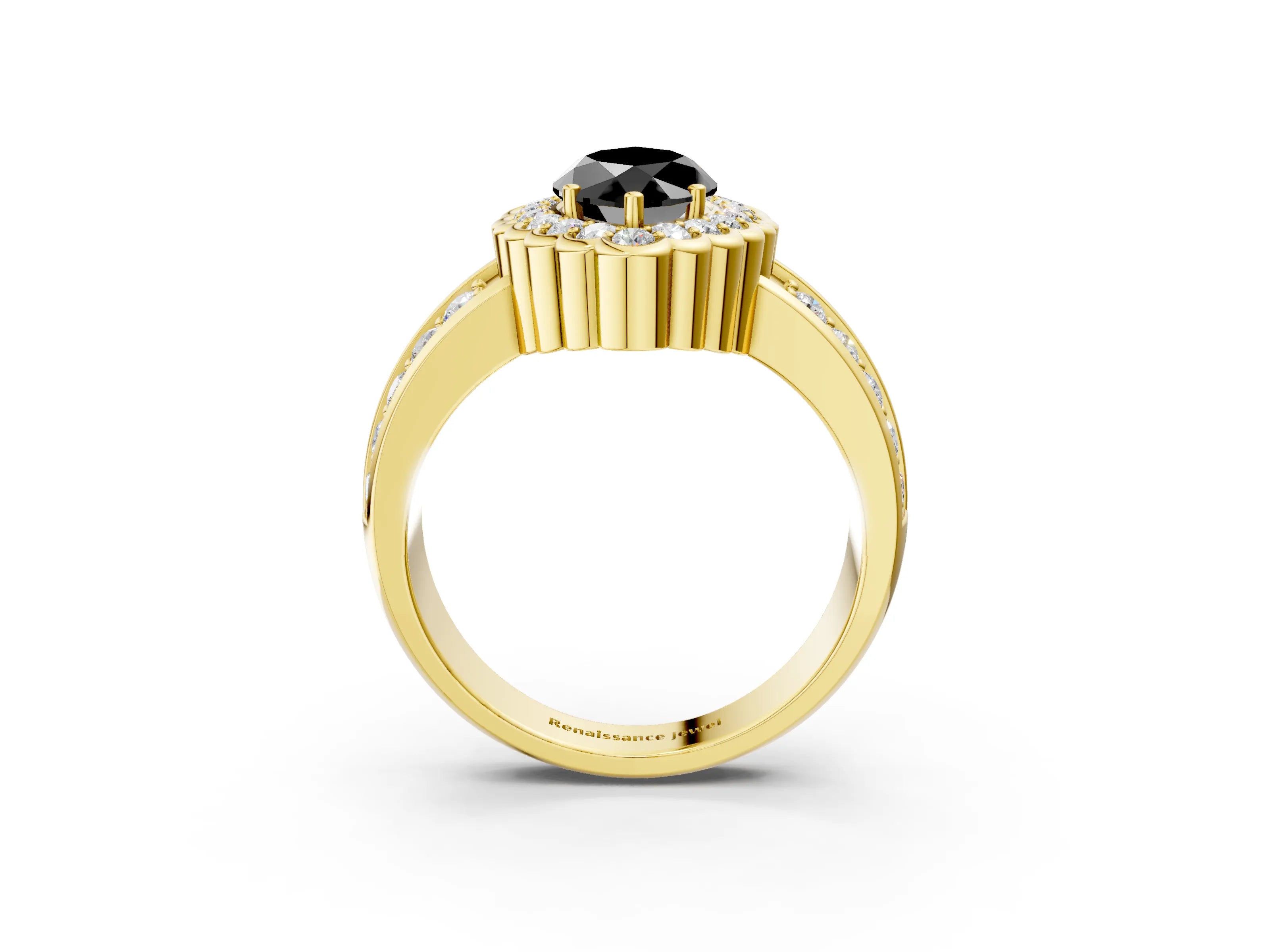 Yellow gold Fancy Black Marquise Cut Halo Diamond Split Shank Ring with Scalloped Prong Setting_3