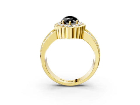 Yellow gold Fancy Black Marquise Cut Halo Diamond Split Shank Ring with Scalloped Prong Setting_3