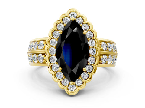 Yellow gold Fancy Black Marquise Cut Halo Diamond Split Shank Ring with Scalloped Prong Setting