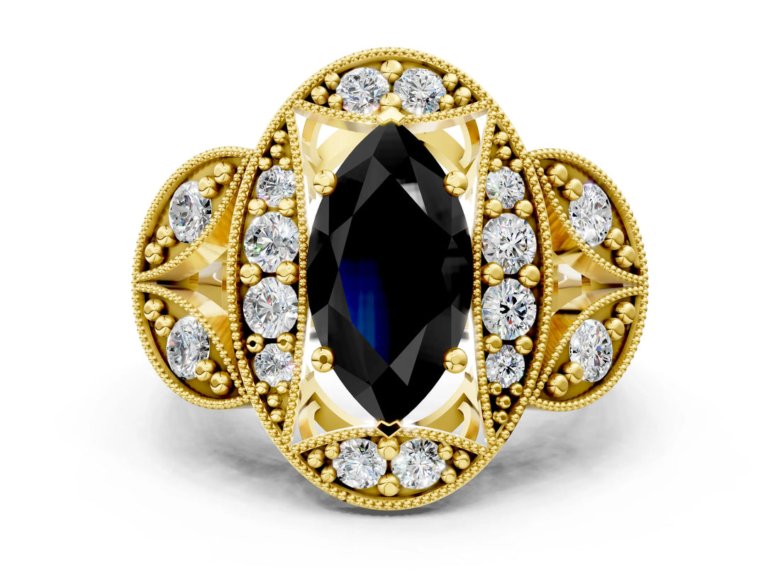 Yellow gold Fancy Black Marquise Cut Halo Milgrain Diamond Engagement Ring with Leaf Band and Four-Prong Setting