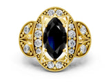 Yellow gold Fancy Black Marquise Cut Halo Milgrain Diamond Engagement Ring with Leaf Band and Four-Prong Setting