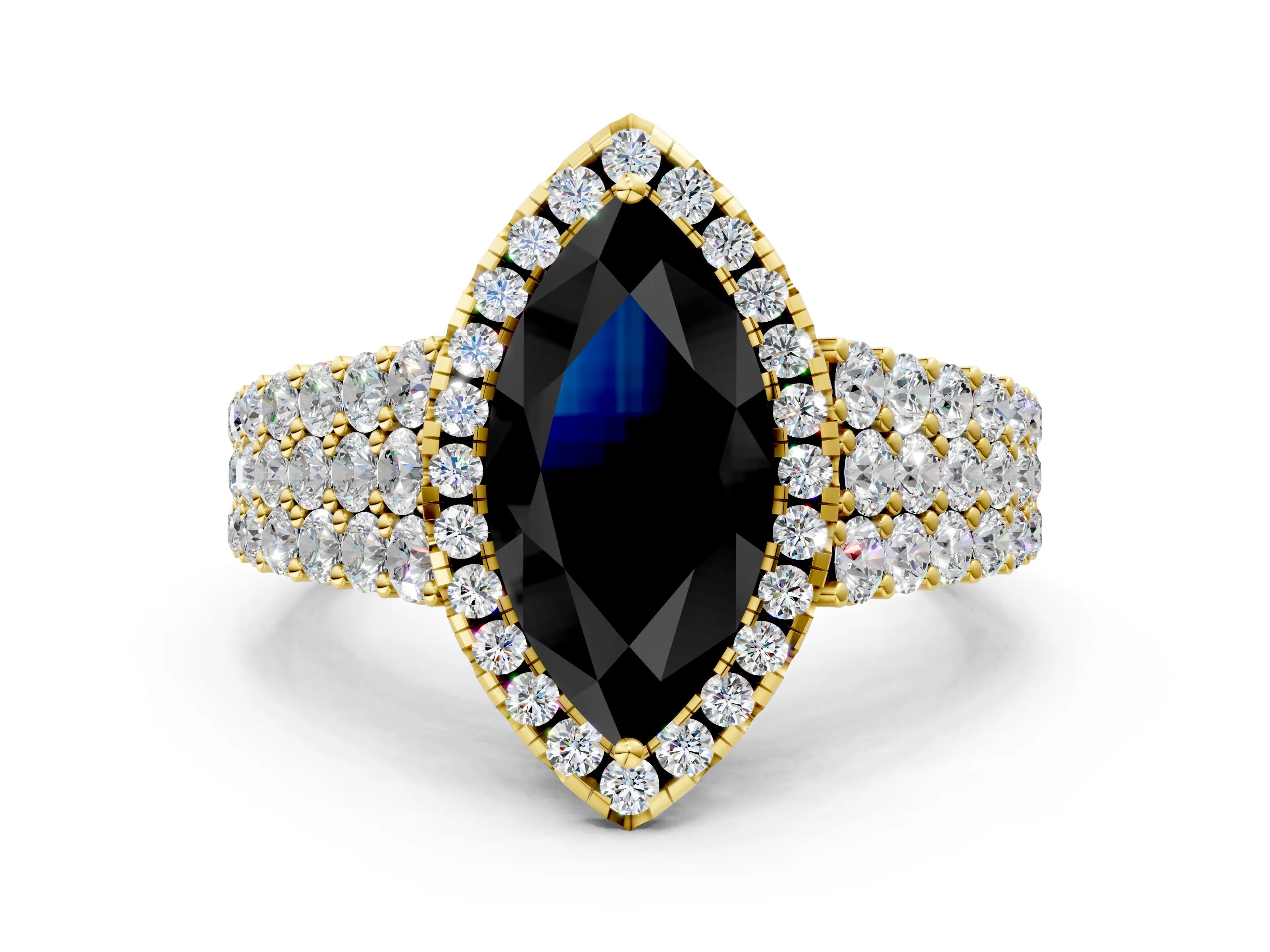 Yellow gold Fancy Black Marquise Cut Halo Pavé Diamond Engagement Ring with Split Shank and Four-Prong Setting_3