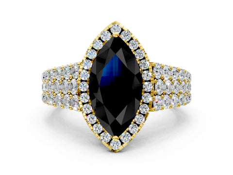 Yellow gold Fancy Black Marquise Cut Halo Pavé Diamond Engagement Ring with Split Shank and Four-Prong Setting_3