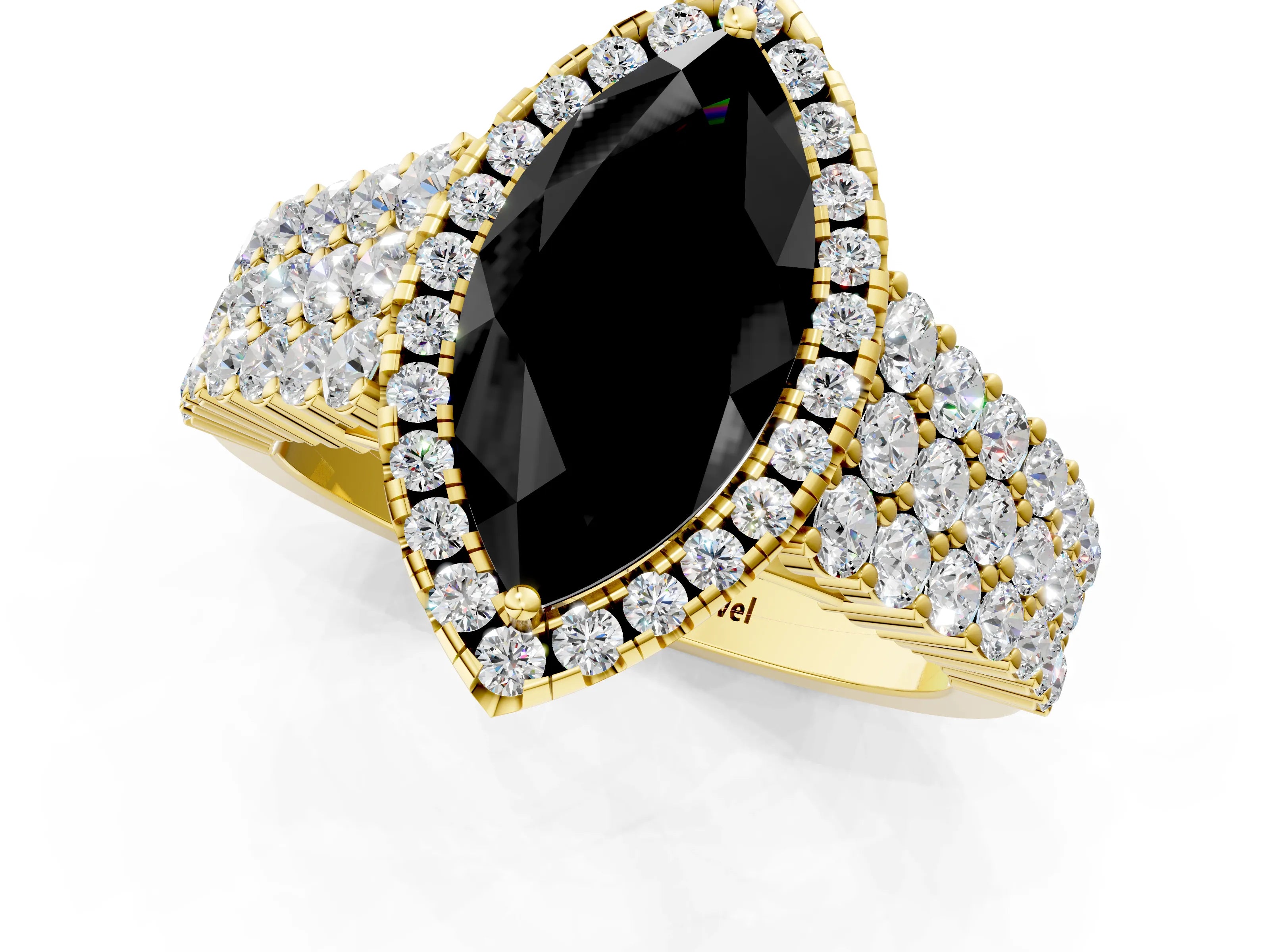 Yellow gold Fancy Black Marquise Cut Halo Pavé Diamond Engagement Ring with Split Shank and Four-Prong Setting_4