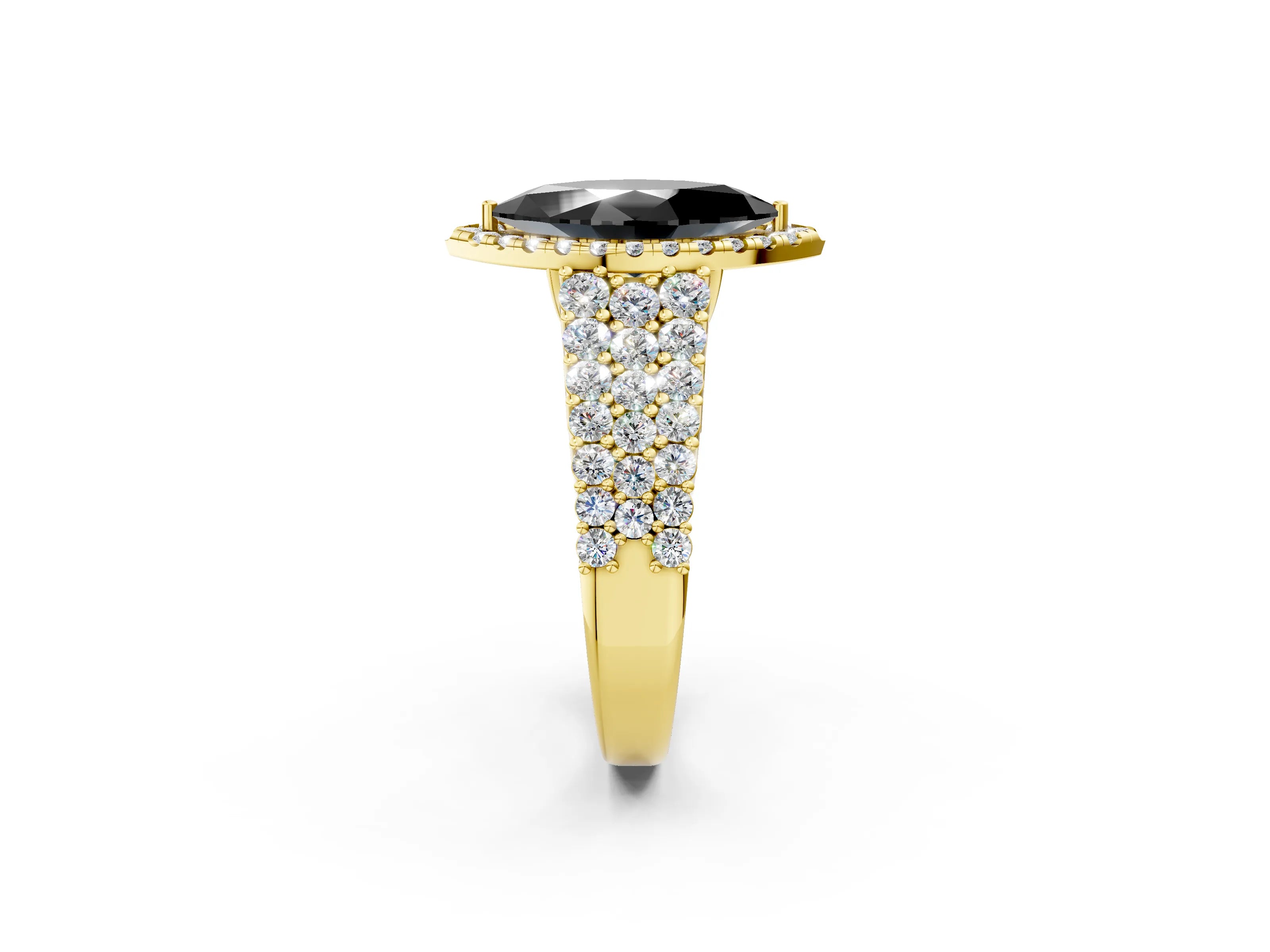 Yellow gold Fancy Black Marquise Cut Halo Pavé Diamond Engagement Ring with Split Shank and Four-Prong Setting_5