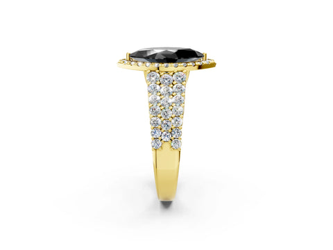 Yellow gold Fancy Black Marquise Cut Halo Pavé Diamond Engagement Ring with Split Shank and Four-Prong Setting_5