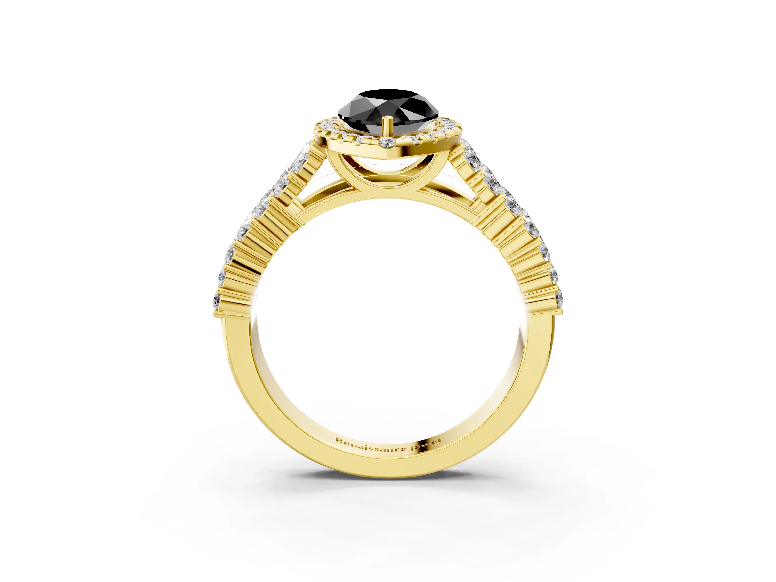 Yellow gold Fancy Black Marquise Cut Halo Pavé Diamond Engagement Ring with Split Shank and Four-Prong Setting_6