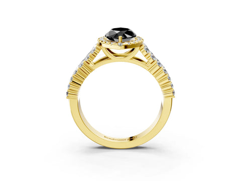Yellow gold Fancy Black Marquise Cut Halo Pavé Diamond Engagement Ring with Split Shank and Four-Prong Setting_6