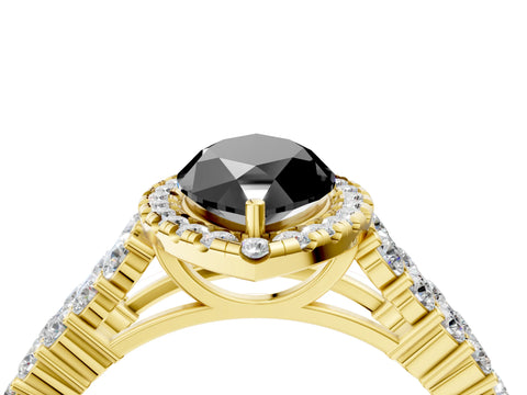 Yellow gold Fancy Black Marquise Cut Halo Pavé Diamond Engagement Ring with Split Shank and Four-Prong Setting_7