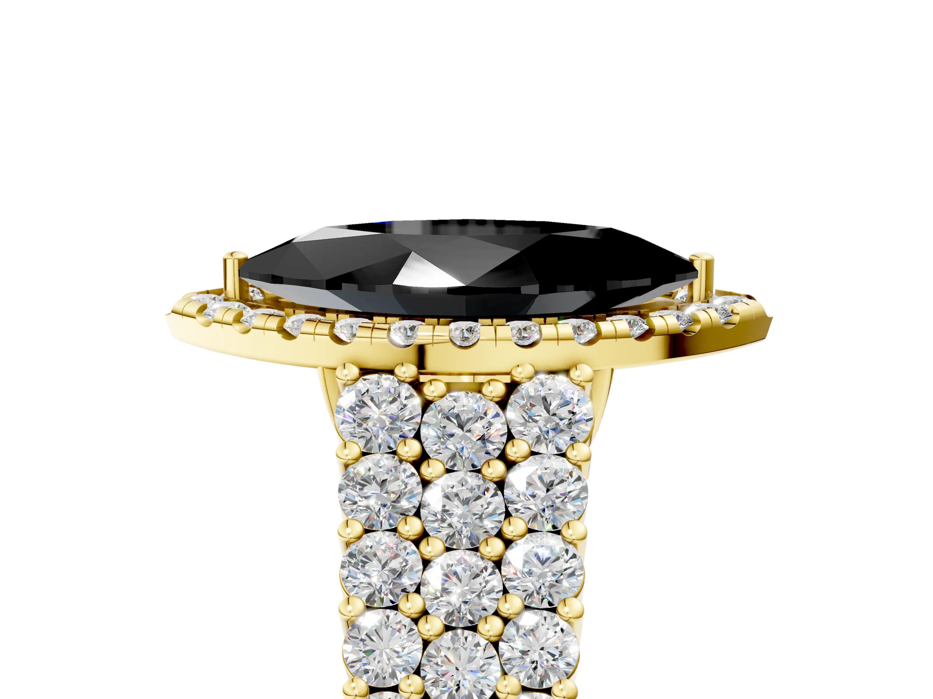 Yellow gold Fancy Black Marquise Cut Halo Pavé Diamond Engagement Ring with Split Shank and Four-Prong Setting_8