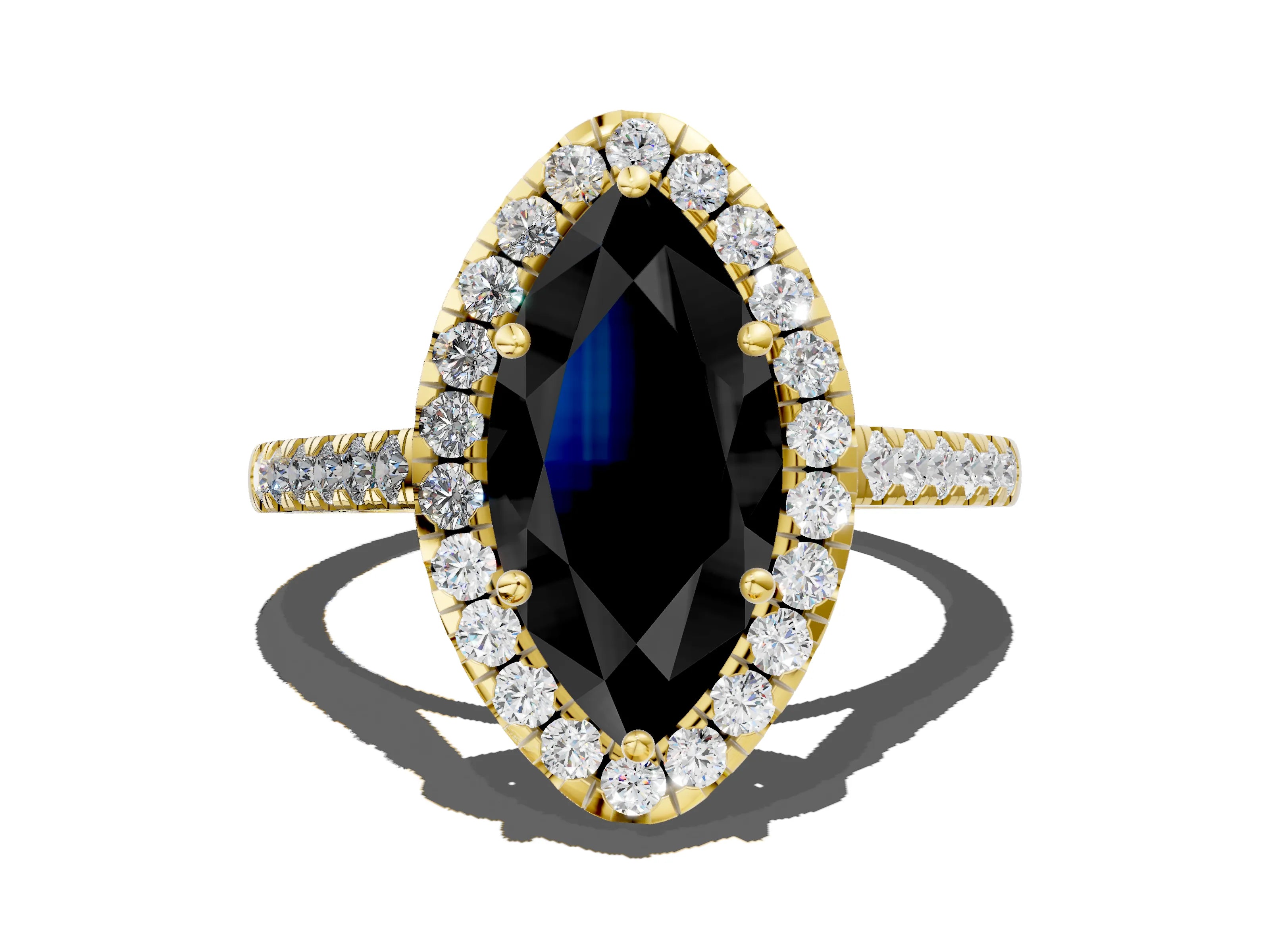 Yellow gold Fancy Black Marquise Cut Halo Pave Diamond Engagement Ring with Four-Prong Setting