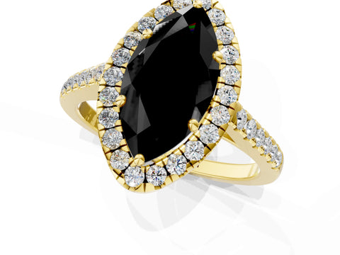 Yellow gold Fancy Black Marquise Cut Halo Pave Diamond Engagement Ring with Four-Prong Setting_1
