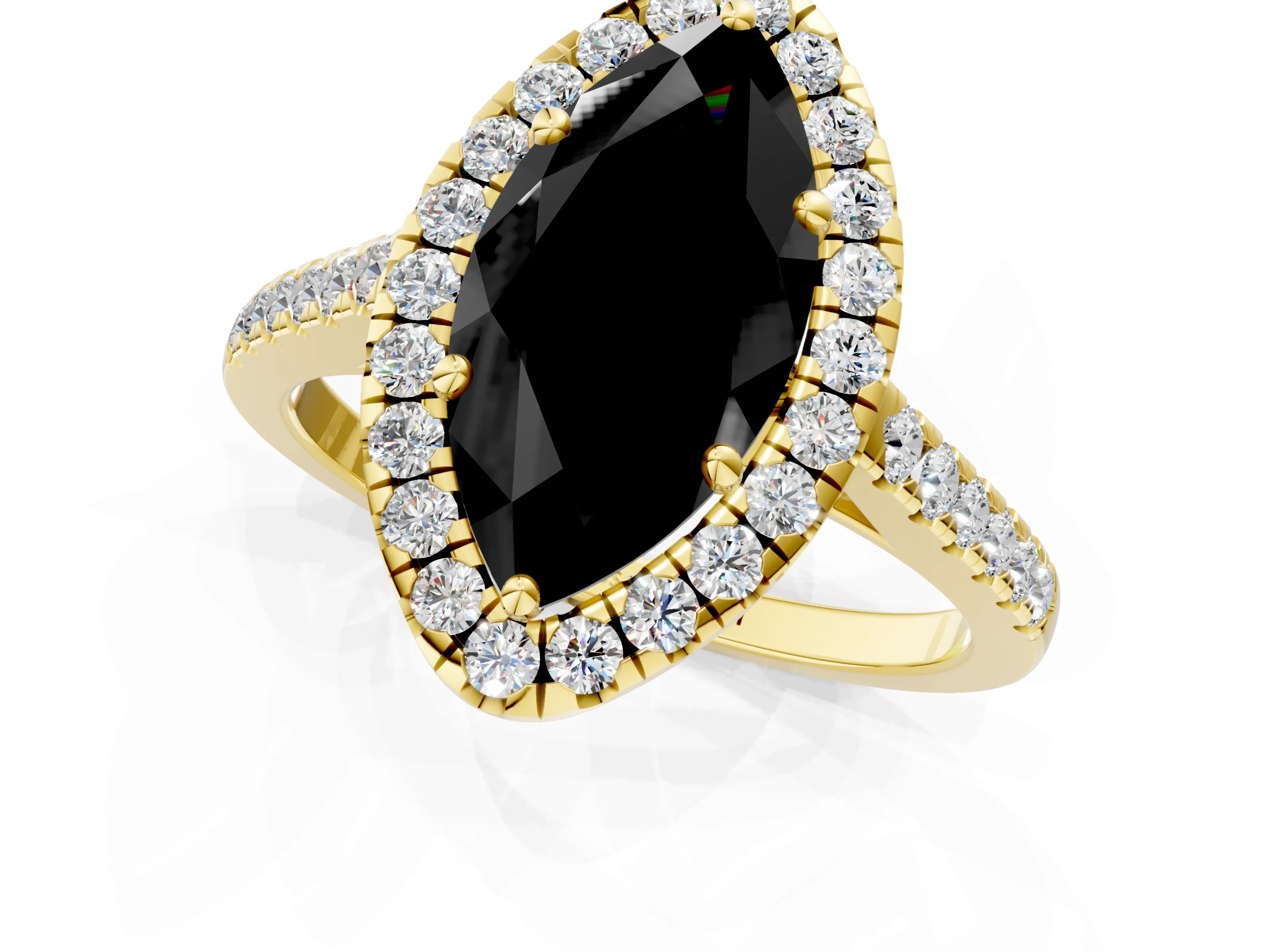 Yellow gold Fancy Black Marquise Cut Halo Pave Diamond Engagement Ring with Four-Prong Setting_3