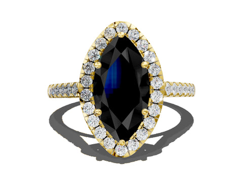 Yellow gold Fancy Black Marquise Cut Halo Pave Diamond Engagement Ring with Four-Prong Setting