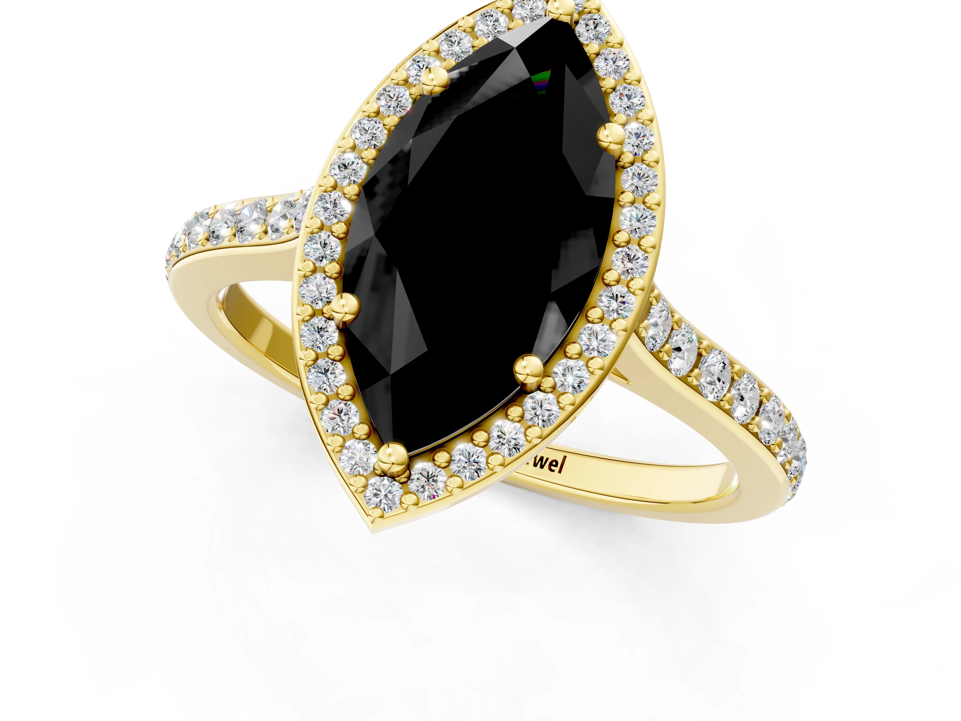 Yellow gold Fancy Black Marquise Cut Halo Round Diamond Pavé Band with Four-Prong Setting_4