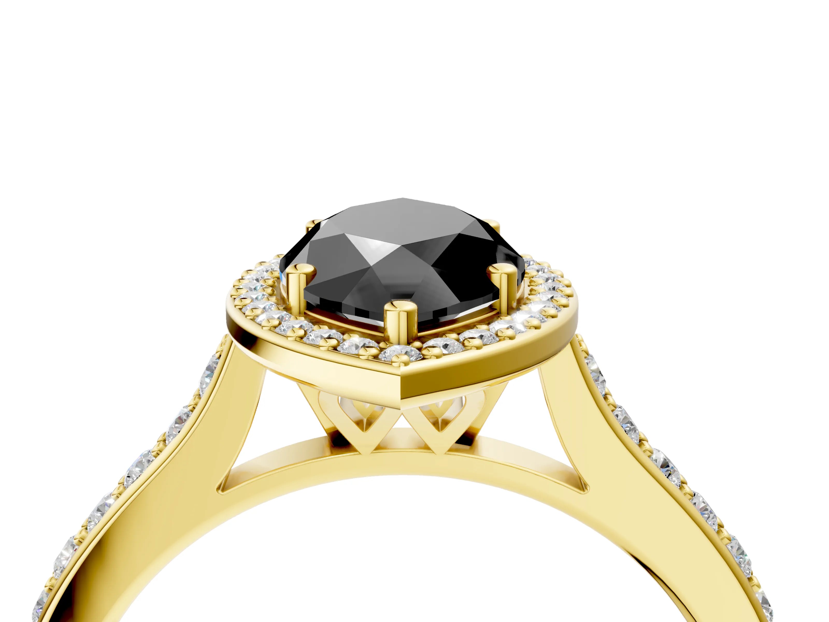 Yellow gold Fancy Black Marquise Cut Halo Round Diamond Pavé Band with Four-Prong Setting_7