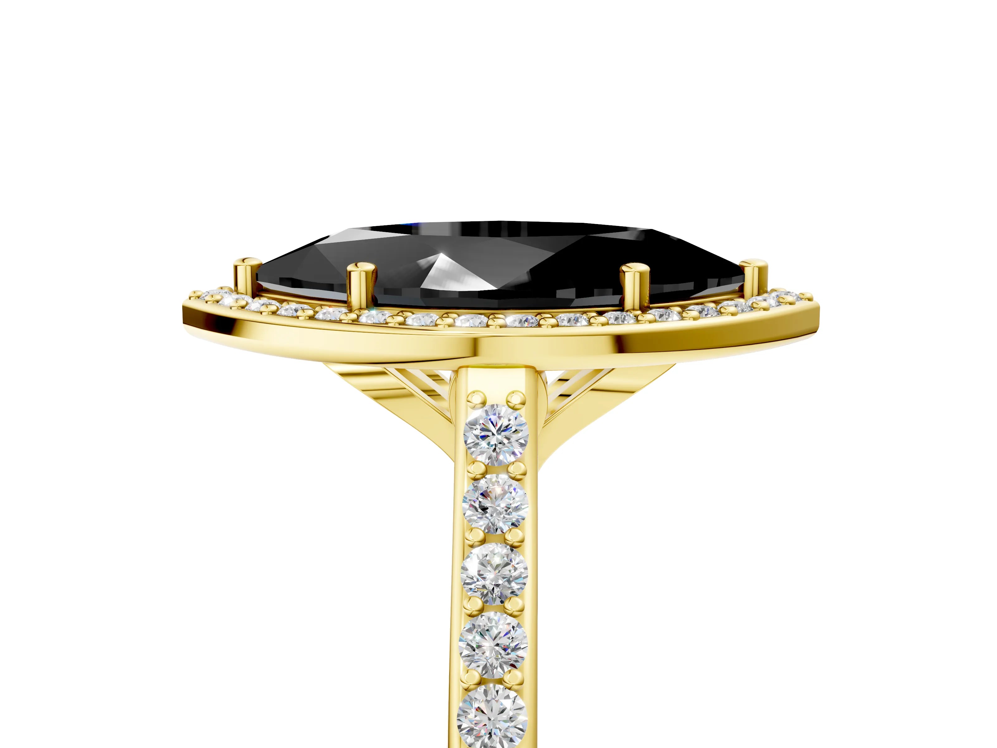 Yellow gold Fancy Black Marquise Cut Halo Round Diamond Pavé Band with Four-Prong Setting_8
