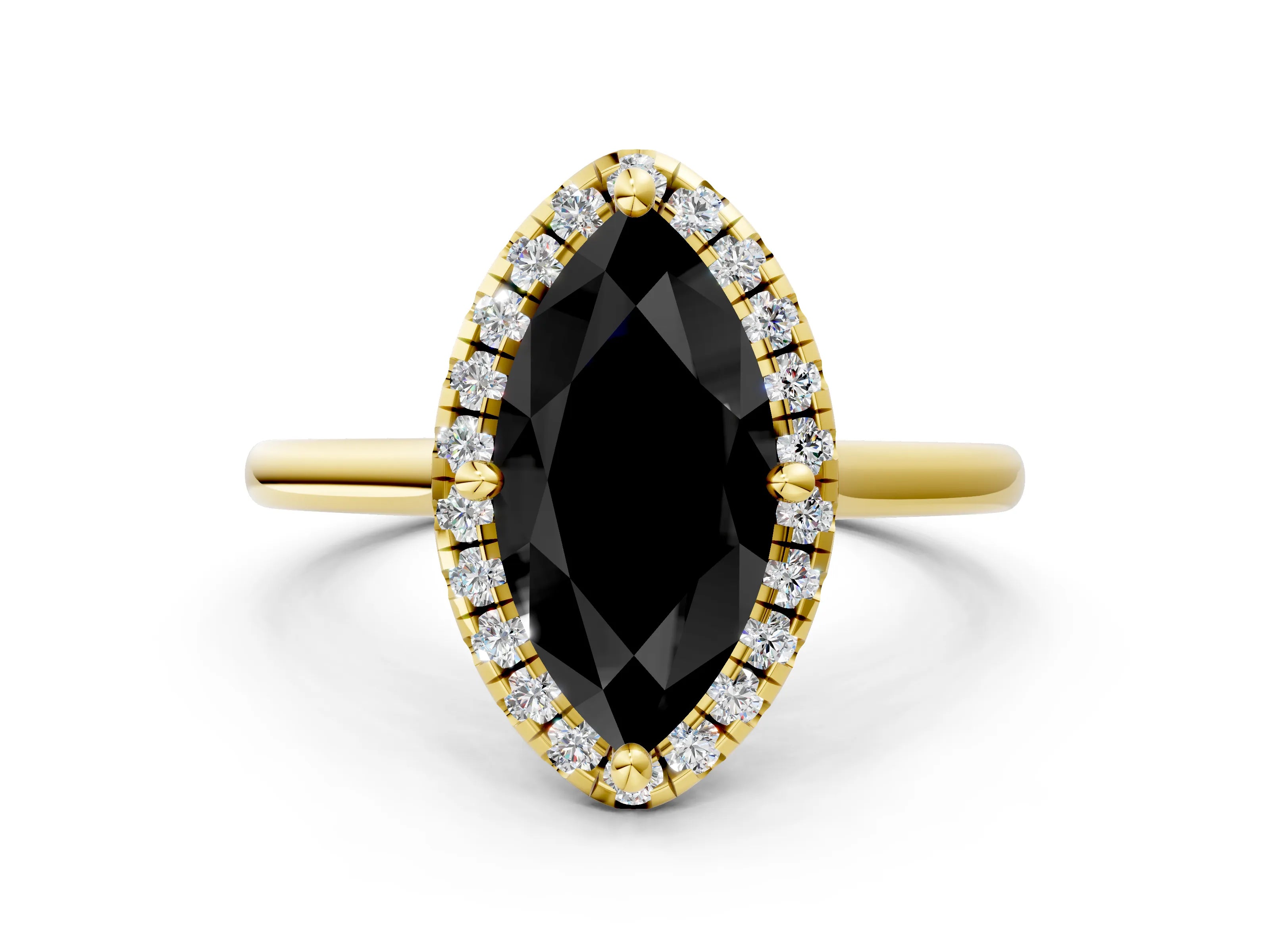 Yellow gold Fancy Black Marquise Cut Halo Round Diamond Solitaire Engagement Ring with Pave Band and Four-Prong Setting_12