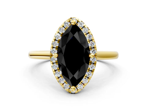 Yellow gold Fancy Black Marquise Cut Halo Round Diamond Solitaire Engagement Ring with Pave Band and Four-Prong Setting_12