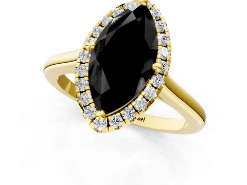 Yellow gold Fancy Black Marquise Cut Halo Round Diamond Solitaire Engagement Ring with Pave Band and Four-Prong Setting_13