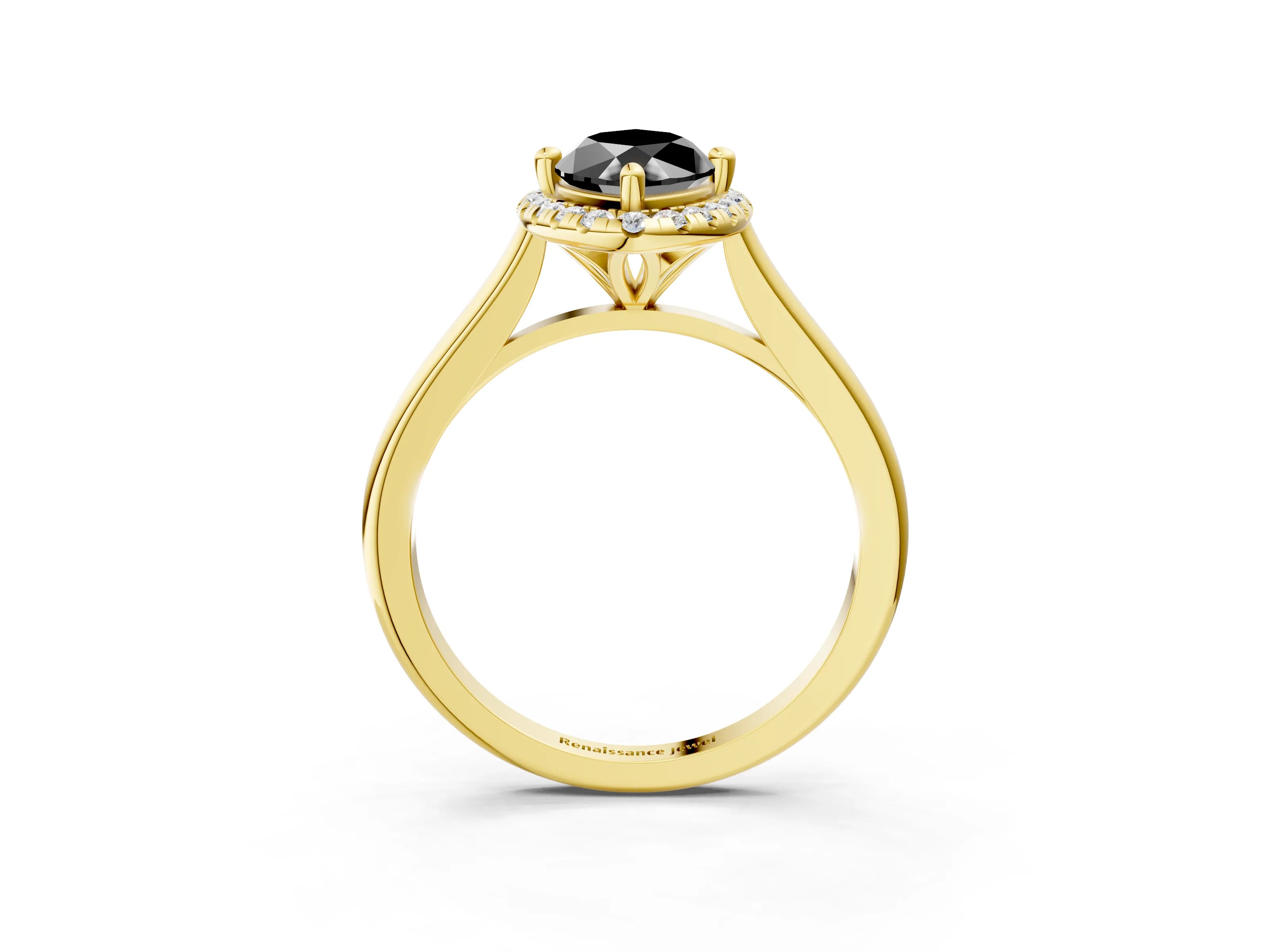 Yellow gold Fancy Black Marquise Cut Halo Round Diamond Solitaire Engagement Ring with Pave Band and Four-Prong Setting_15