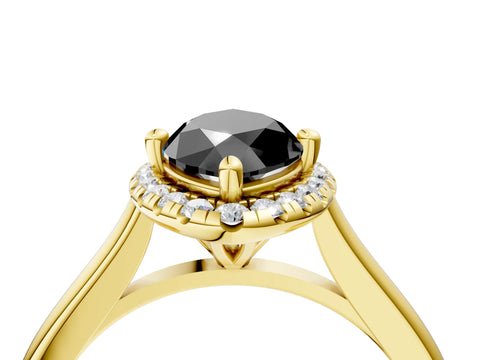 Yellow gold Fancy Black Marquise Cut Halo Round Diamond Solitaire Engagement Ring with Pave Band and Four-Prong Setting_16