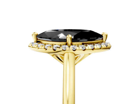 Yellow gold Fancy Black Marquise Cut Halo Round Diamond Solitaire Engagement Ring with Pave Band and Four-Prong Setting_17