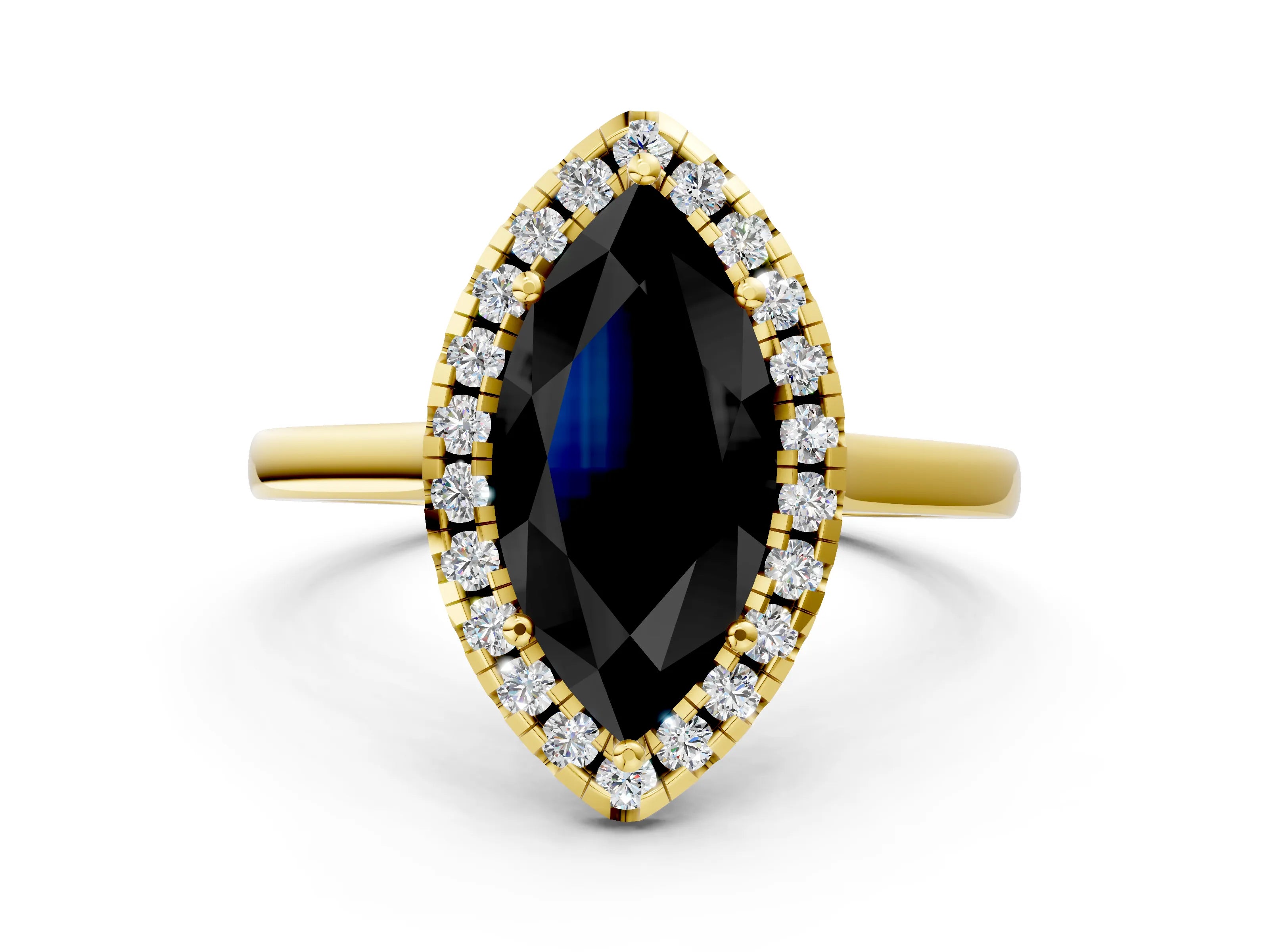 Yellow gold Fancy Black Marquise Cut Halo Round Diamond Solitaire Ring with Pavé Band and Four-Prong Setting