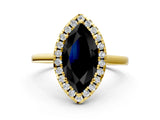 Yellow gold Fancy Black Marquise Cut Halo Round Diamond Solitaire Ring with Pavé Band and Four-Prong Setting