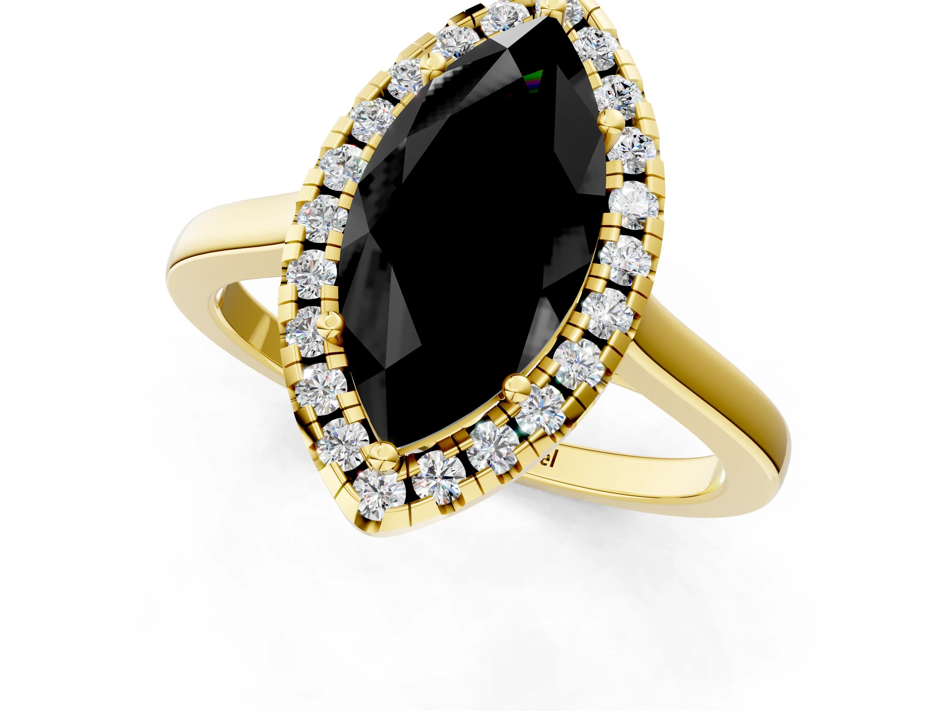 Yellow gold Fancy Black Marquise Cut Halo Round Diamond Solitaire Ring with Pavé Band and Four-Prong Setting_1