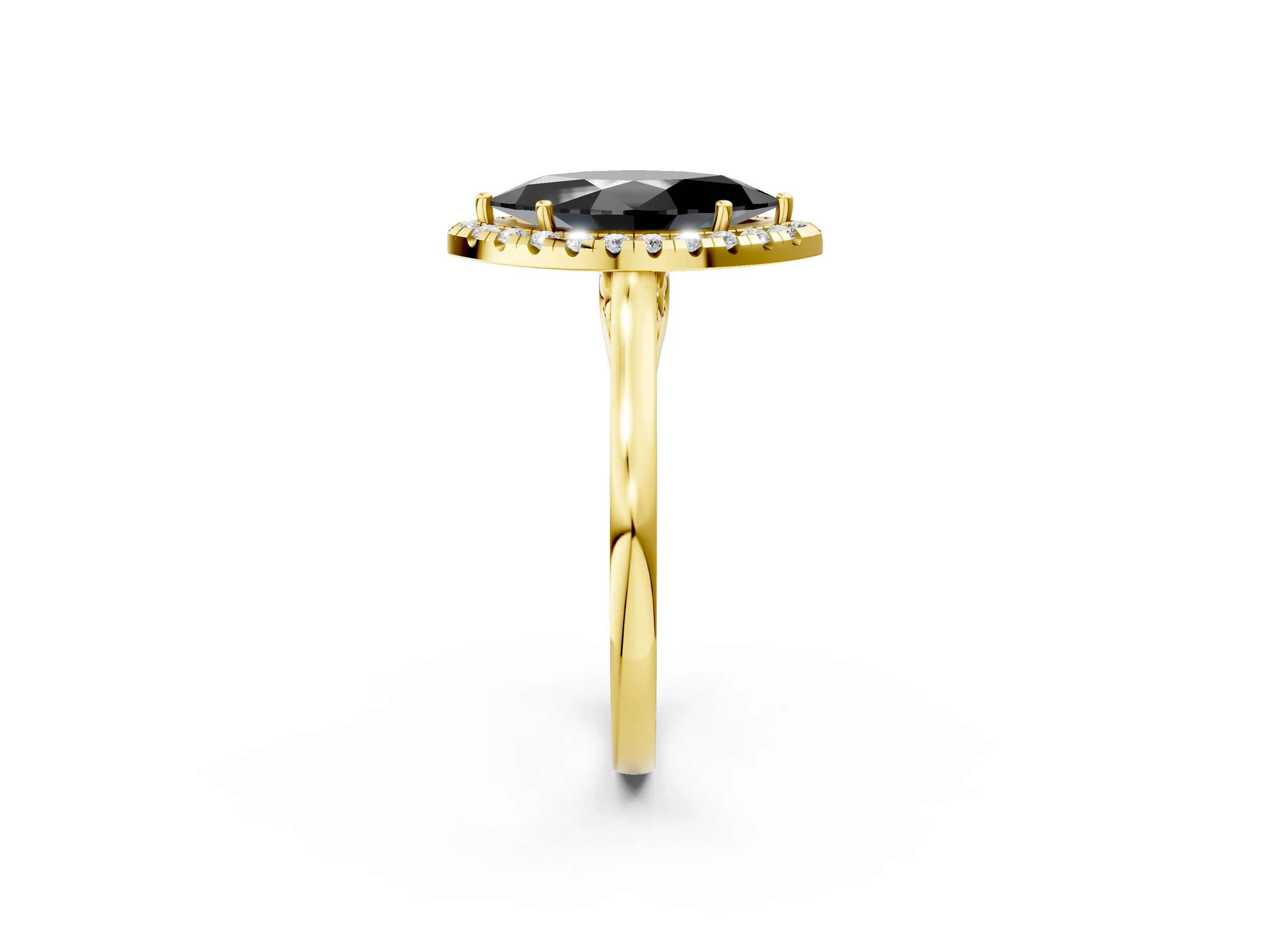 Yellow gold Fancy Black Marquise Cut Halo Round Diamond Solitaire Ring with Pavé Band and Four-Prong Setting_2
