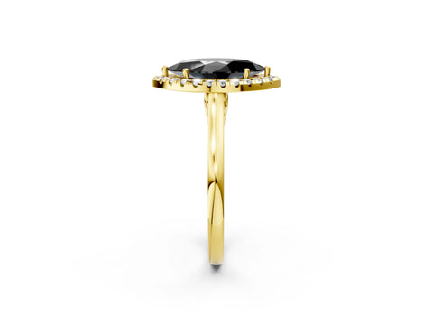 Yellow gold Fancy Black Marquise Cut Halo Round Diamond Solitaire Ring with Pavé Band and Four-Prong Setting_2