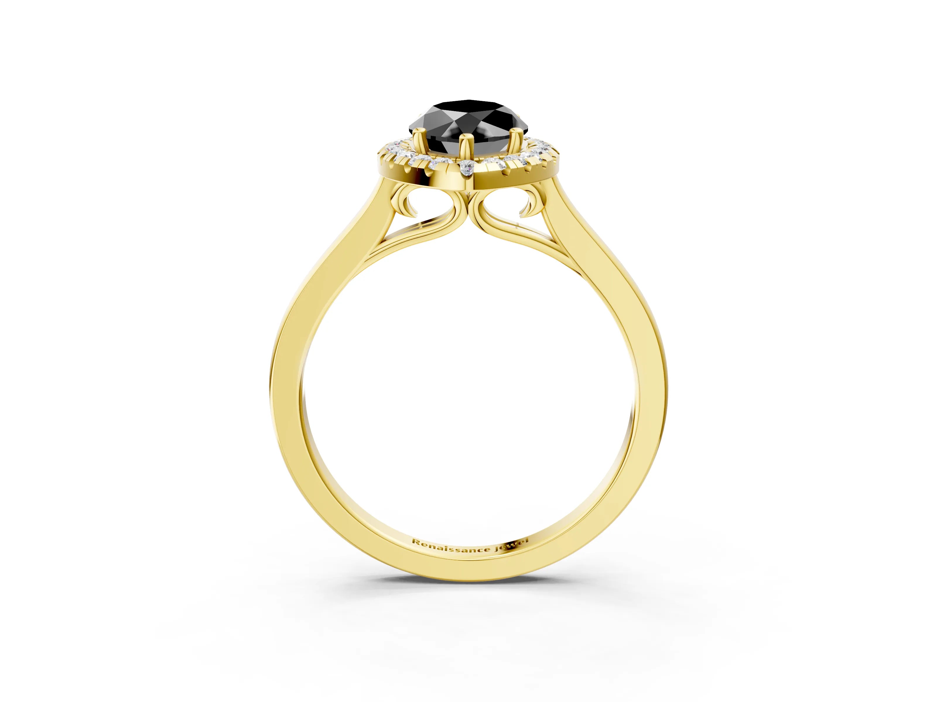 Yellow gold Fancy Black Marquise Cut Halo Round Diamond Solitaire Ring with Pavé Band and Four-Prong Setting_3