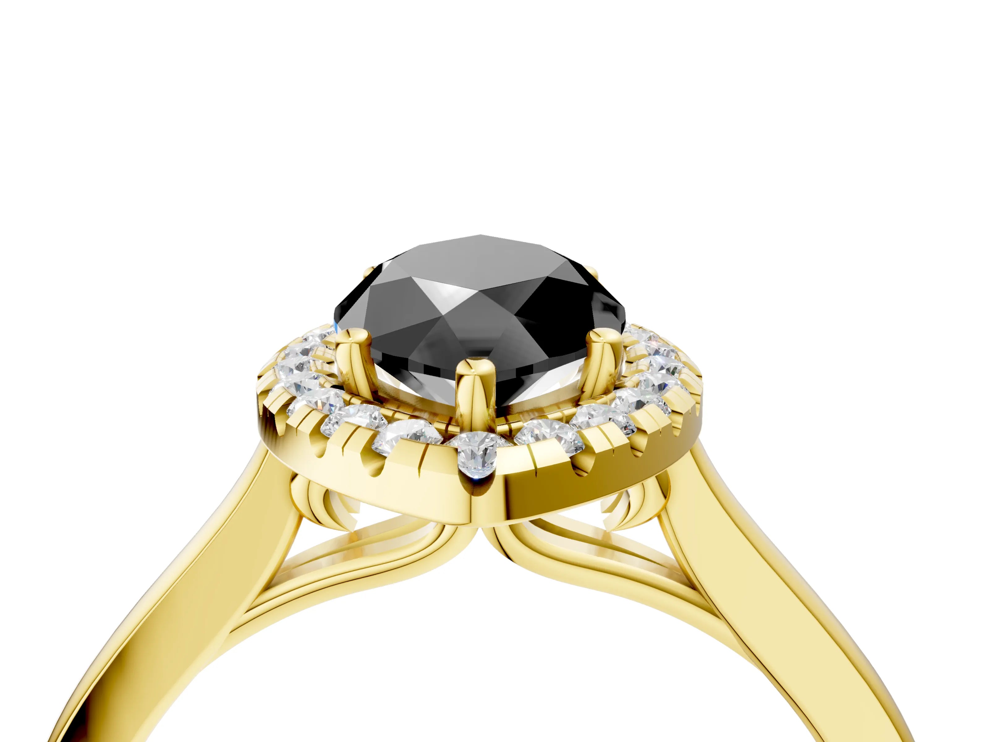 Yellow gold Fancy Black Marquise Cut Halo Round Diamond Solitaire Ring with Pavé Band and Four-Prong Setting_4