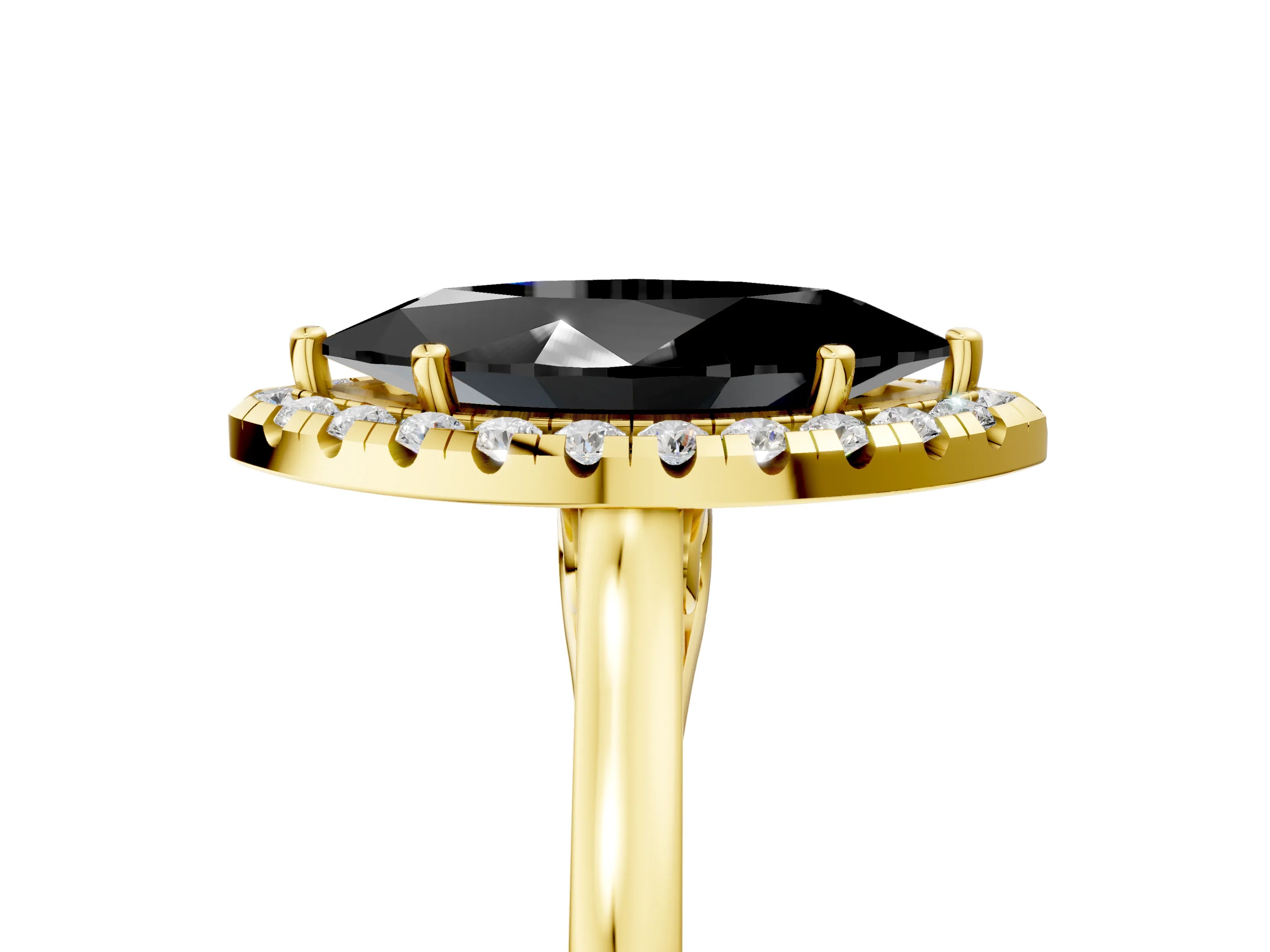 Yellow gold Fancy Black Marquise Cut Halo Round Diamond Solitaire Ring with Pavé Band and Four-Prong Setting_5