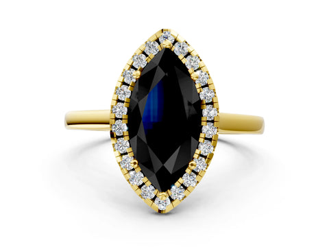 Yellow gold Fancy Black Marquise Cut Halo Round Diamond Solitaire Ring with Pavé Band and Four-Prong Setting