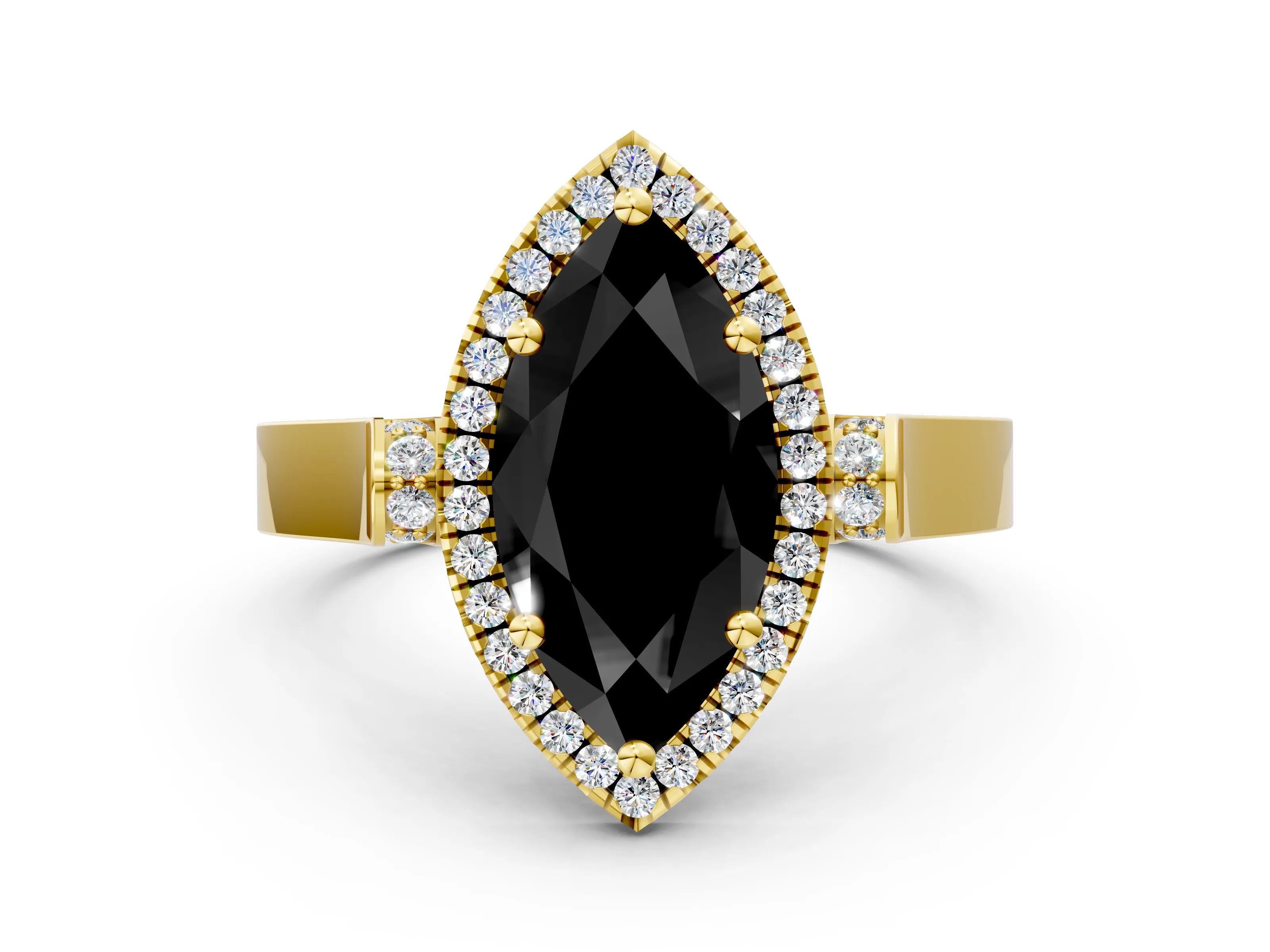 Yellow gold Fancy Black Marquise Cut Halo Round Diamond Twist Band with Four-Prong Setting